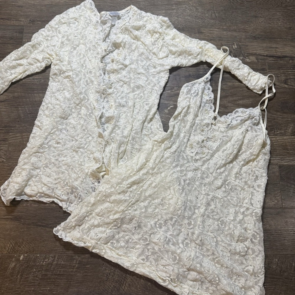 CINEMA ETOILE Seductivewear Ivory Chiffon  Lace‎ Lingerie Cami Cover Set M/L
